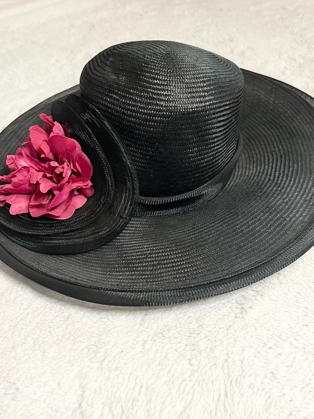 Vintage Plaza Suite by Betmar Black Wide Brim Derby Hat with Rose Fascinator